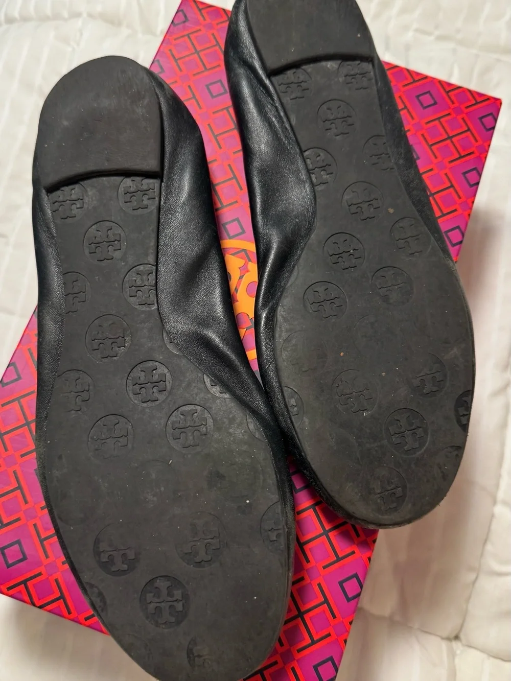 Tory Burch Black Leather Ballet Flats with Gold Logo Medallion